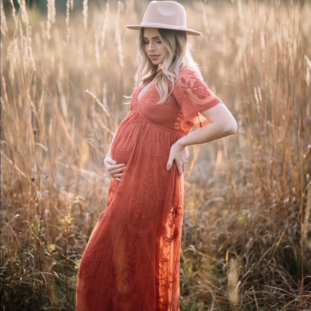 PinkBlush Rust Lace mesh overlay maternity dress